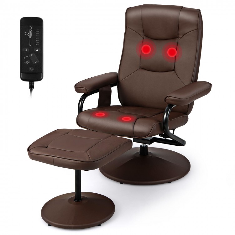Brown 360° swivel massage recliner chair with ottoman, featuring adjustable backrest and 8 massage modes for ultimate.